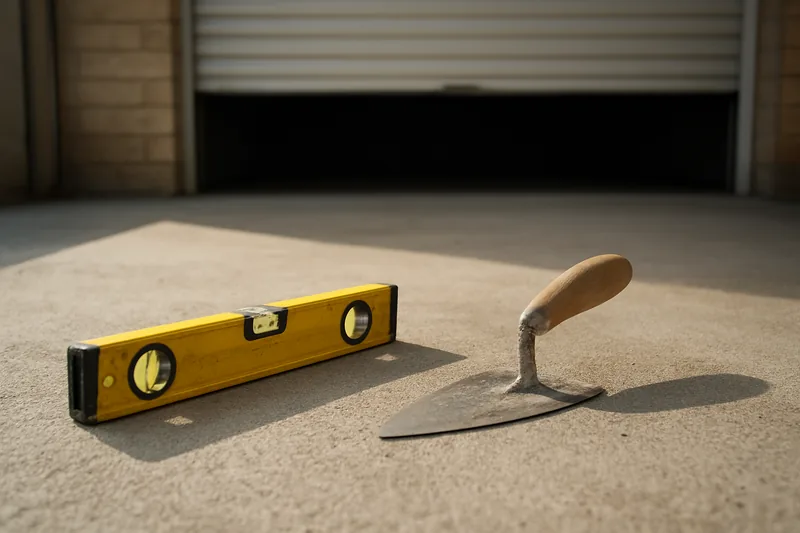 A spirit level and a hand trowel on a bare concrete garage slab with a roller door open behind — registered builder and floor coating, Darwin. Illustrative example.