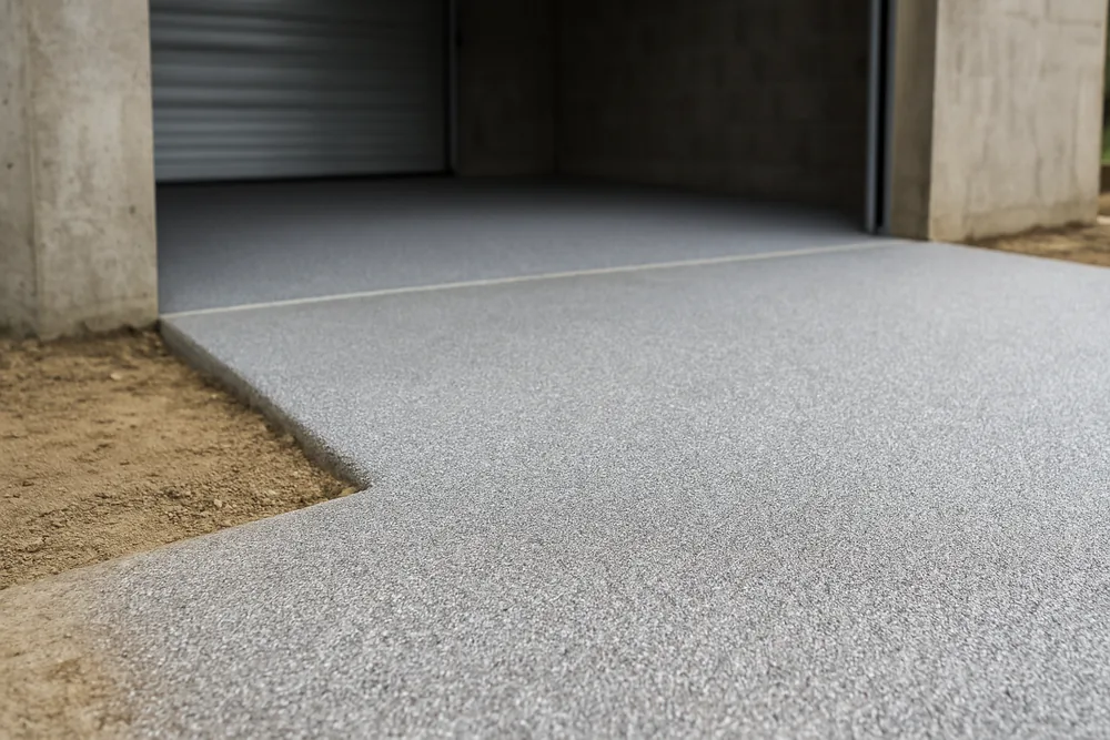 A bare concrete garage slab sitting a step above the ground outside with a ramp of fill at the threshold — epoxy floor coatings, Darwin. Illustrative example.