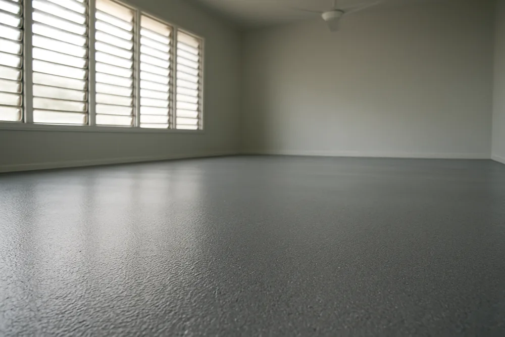 A smooth grey coated floor in a room with louvre windows and a ceiling fan — epoxy floor coatings, Darwin. Illustrative example.