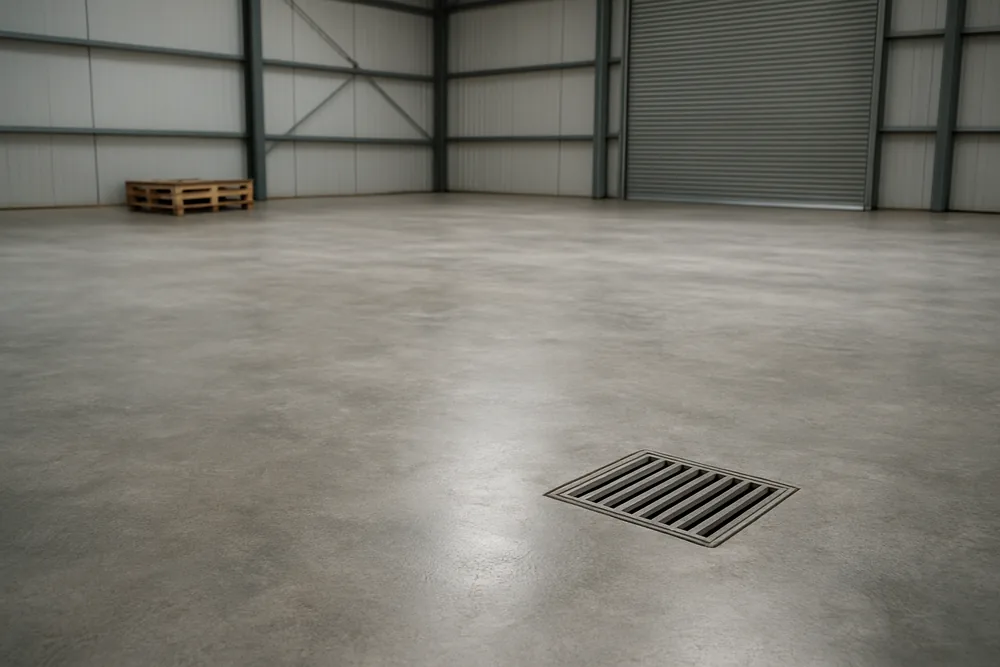 A bare concrete floor in a steel-framed industrial unit with a roller door and a drain grate in the slab — epoxy floor coatings, Darwin. Illustrative example.