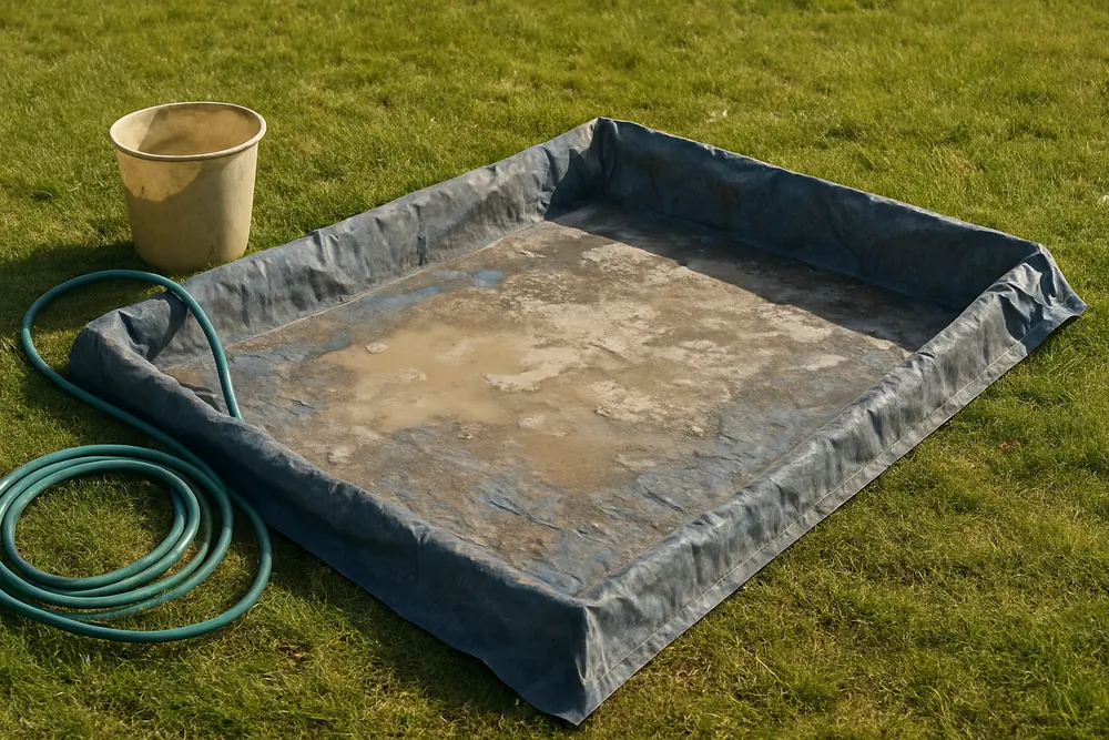 A tarp-lined bunded wash area on a lawn away from any drain — grinding dust and wash water, Darwin. Illustrative example.