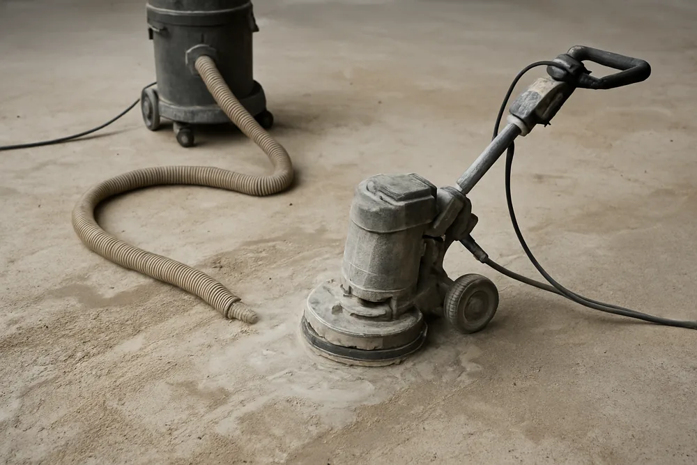 A floor grinder with an attached hose on a slab with a vacuum unit nearby — grinding dust and wash water, Darwin. Illustrative example.