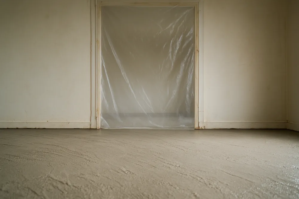 A doorway sealed with plastic sheeting and tape before work with an empty room behind — coating a floor in an older Darwin home, Darwin. Illustrative example.