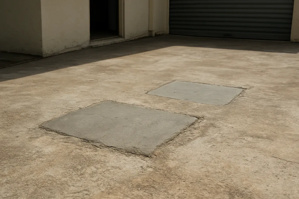 A worn concrete garage slab with two patched squares and a low doorway into the house — coating a floor in an older Darwin home, Darwin. Illustrative example.