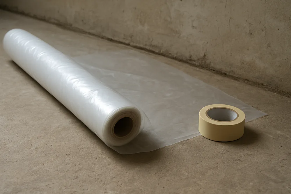 A roll of heavy plastic sheeting and a roll of masking tape beside a bare concrete floor edge — coating a floor in an older Darwin home, Darwin. Illustrative example.