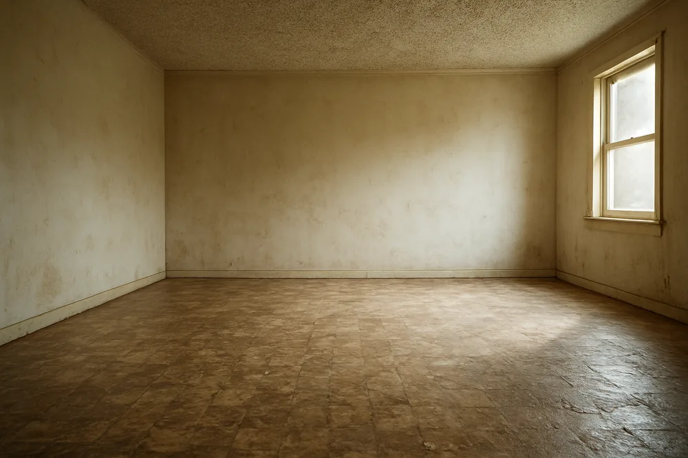 An older room with a textured ceiling and worn sheet flooring — coating a floor in an older Darwin home, Darwin. Illustrative example.