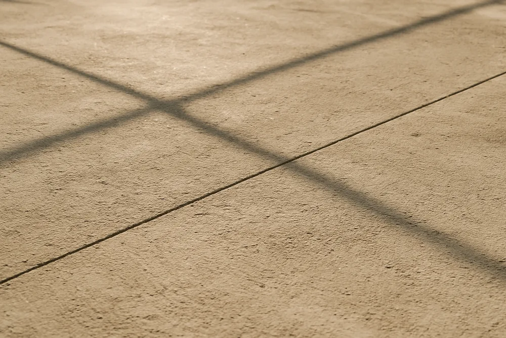 A dry pale concrete slab in hard dry-season sunlight with long shadows — floor coating and the wet season, Darwin. Illustrative example.