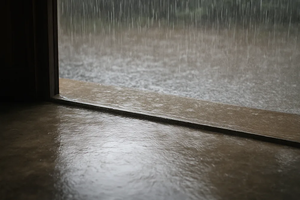 Heavy rain falling past an open doorway onto a verandah edge with a slab floor inside — floor coating and the wet season, Darwin. Illustrative example.