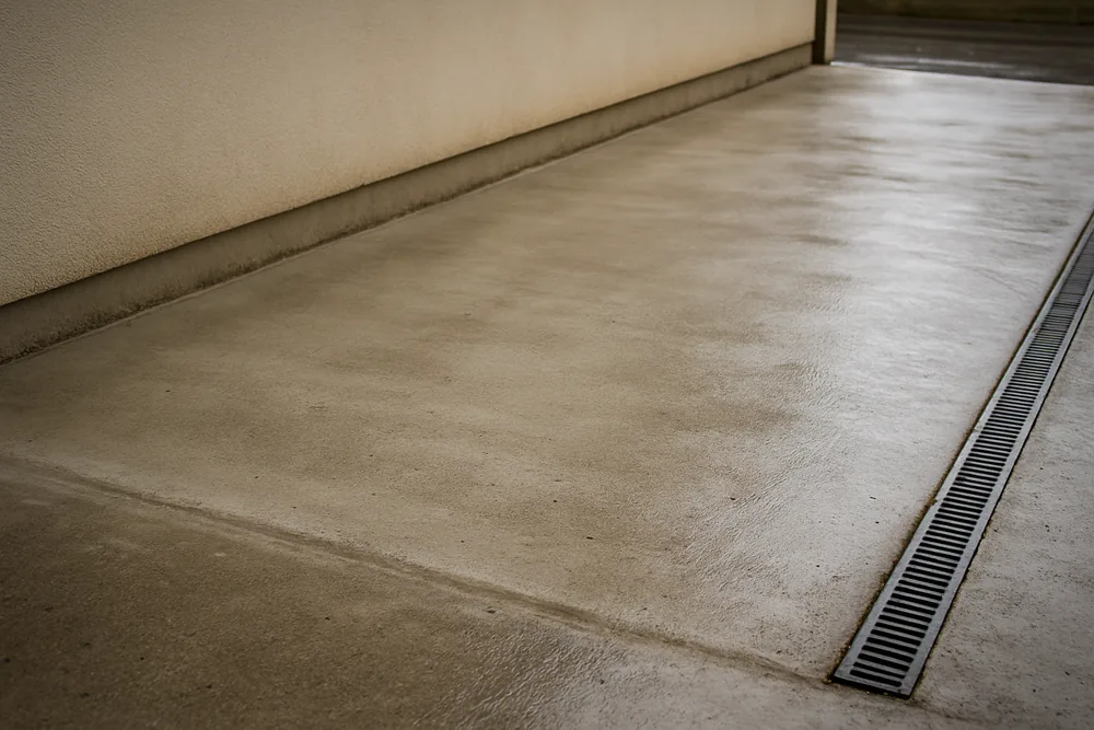 A concrete carport slab with a faint silt line along the base of a wall and a shallow drain channel — floor coating and the wet season, Darwin. Illustrative example.