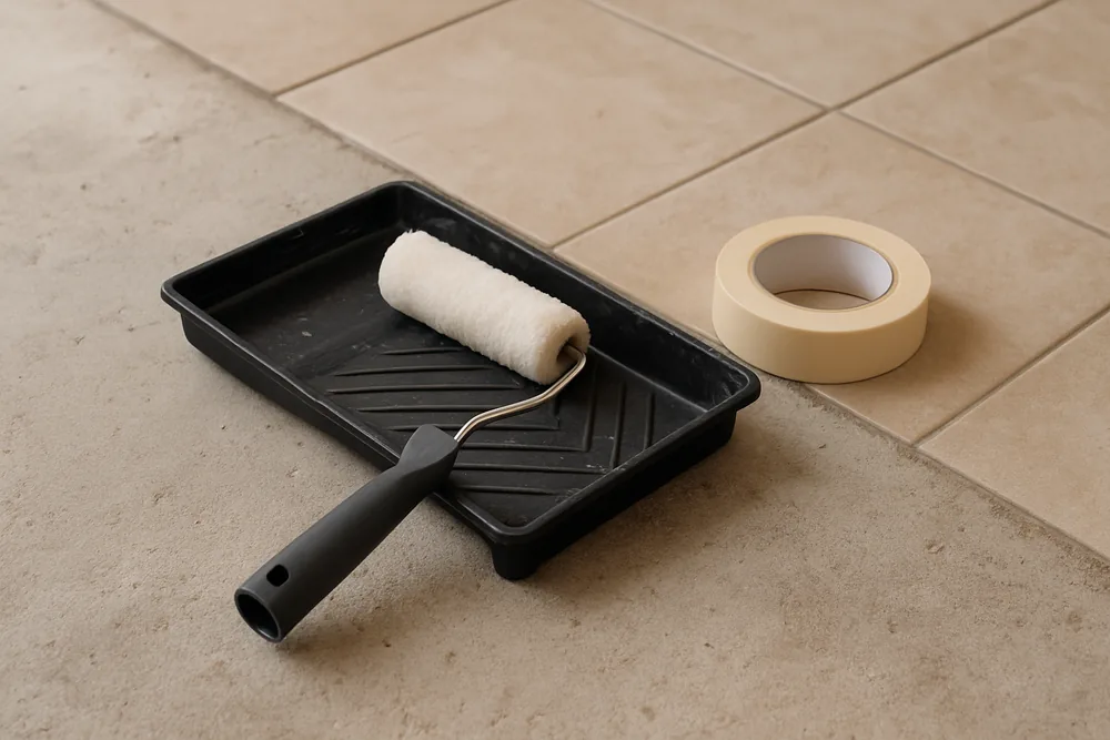 A paint roller, a roller tray and a roll of masking tape on a bare slab beside a tiled floor — written quotes and guarantees, Darwin. Illustrative example.